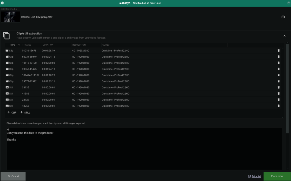 Warner/Roxette - Example lab order from within accsyn